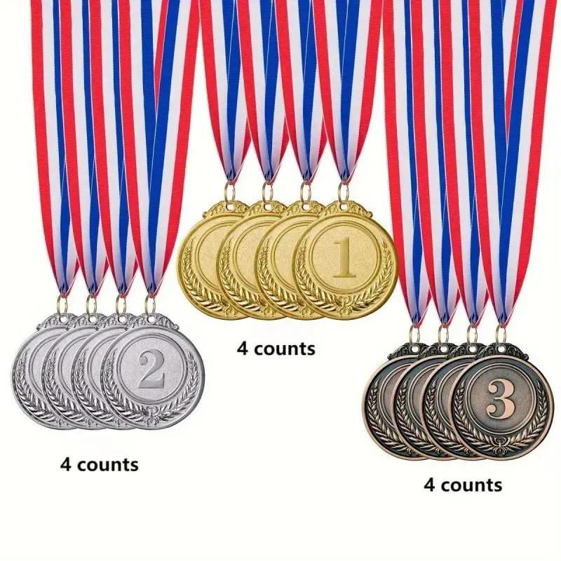 Set of 4 Gold Medals, 4 Silver Medals, and 4 Bronze Medals, Zinc Alloy Ceremonial Awards for Competitions, Parties and Ceremony, Medals for Events, Race Medal Display, 2 Inch Size DisplayGift.