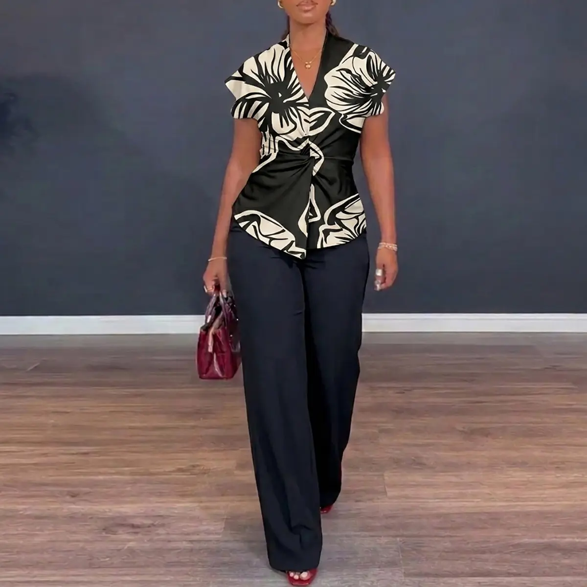 CHICME Women's 2 Piece Outfit Floral Print Twist Front V Neck Top and High Waist Wide Leg Pants Set