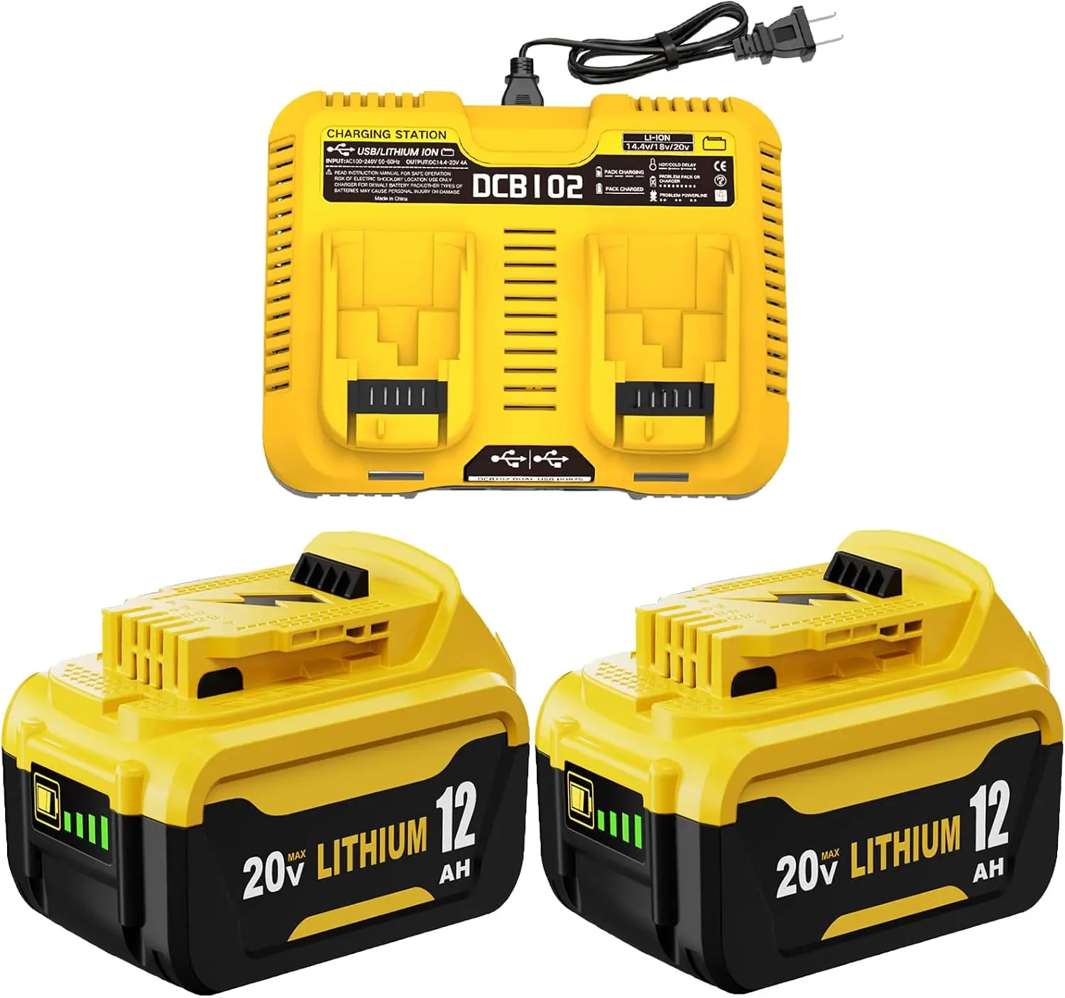 2-Packs 12000mAh High-Capacity Lithium-Ion Replacement Battery Packs for Dewalt 20V Power Tools, Compatible with DCB208, DCB206 & DCB102 Charger, Long Runtime