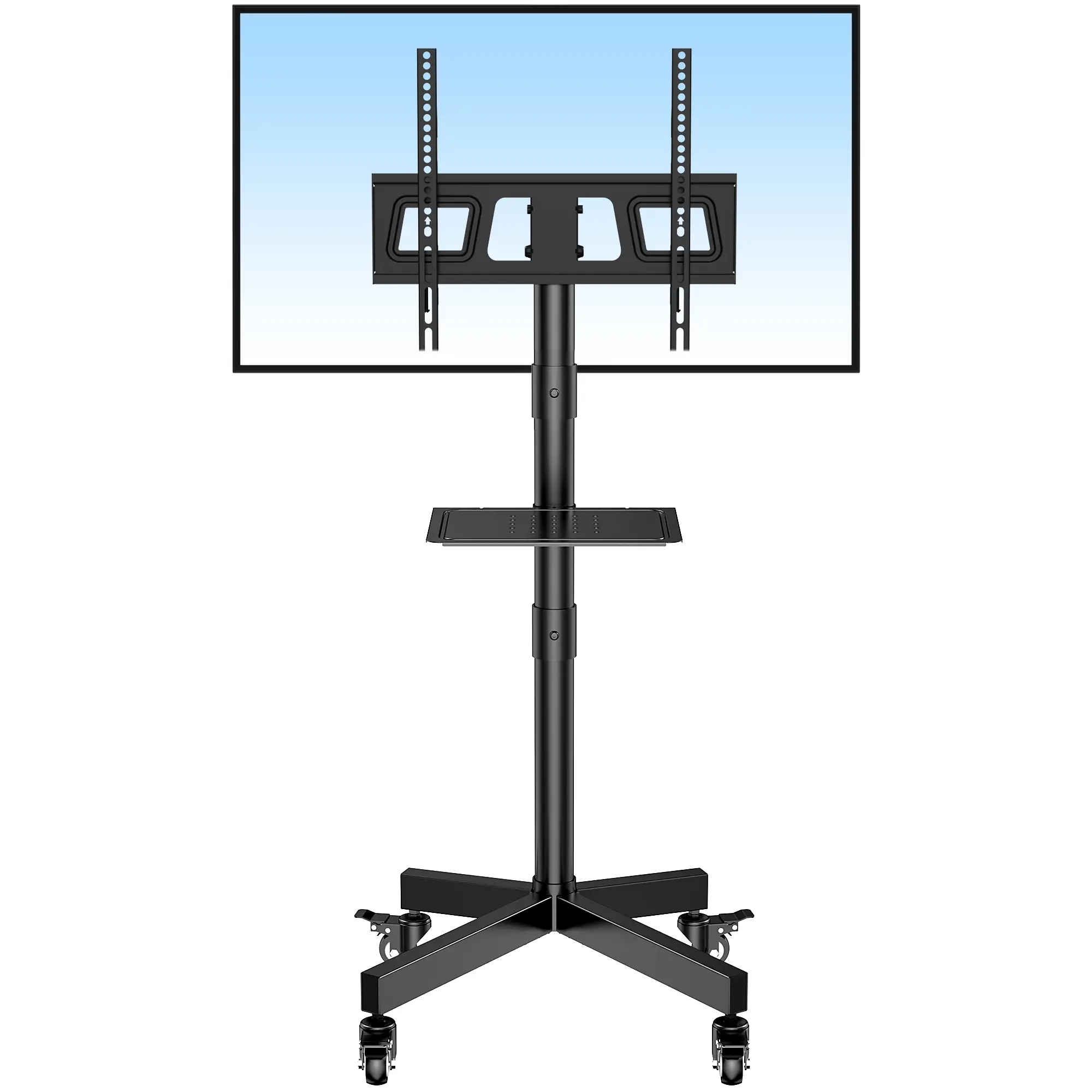Forged Mobile TV Stand for 23-60-inch LCD/LED/OLED flat-panel/curved TVs. This adjustable rolling TV stand has a swivel function and supports up to 88