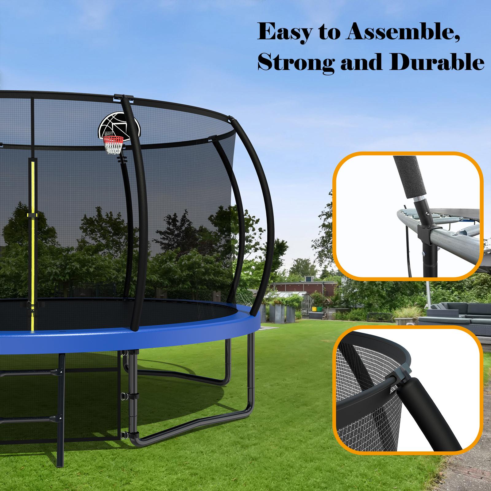 Dufominc 10/12FT Pumpkin Trampoline Outdoor with Basketball Hoop Enclosure Net & Ladder for Kids Fun Play Certified Safe ASTM F381-16 F2225-15 CPSIA Durable Materials UV Resistance Easy Installation
