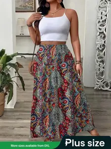 【 Plus Size】 Paisley Print Skirt, Boho Casual Long Skirt, Boho Hippie Skirt for Daily Holiday Vacation Wear, Bohemian Women's Clothes for All Seasons, Womenswear, Bottom, Lady Casual Skirts