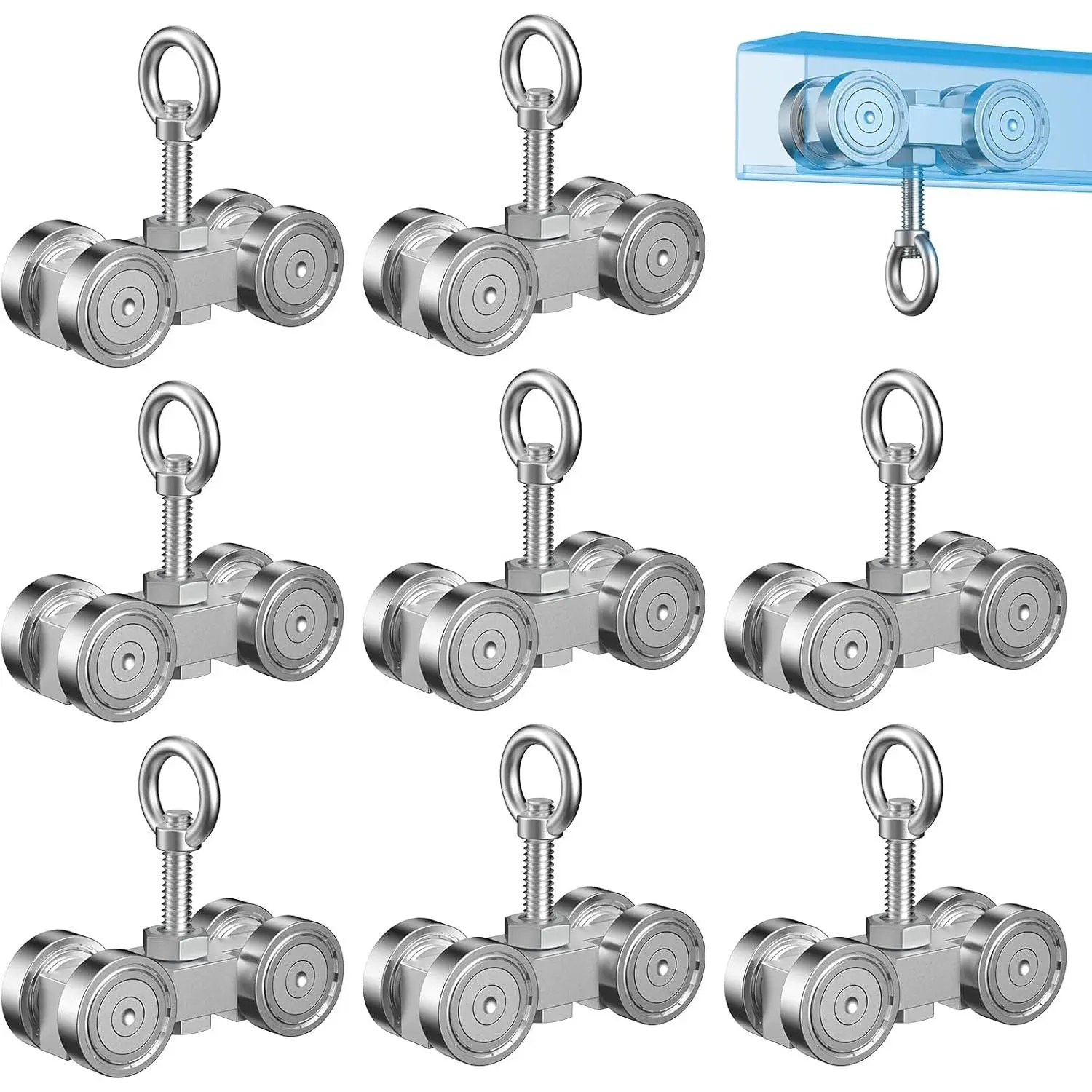 8-Set 4-Wheel Unistrut Trolley Assembly Full Kit - Synthetic, Silent Noise-Dampening Wheels, M10 Bolts & Nuts, Rust-Free Durability, Lifting Eye Nut - Streamlined & Silent Operation for 1-5/8" Wide Unistrut Struts, No Extra Parts Needed for Warehouses, In
