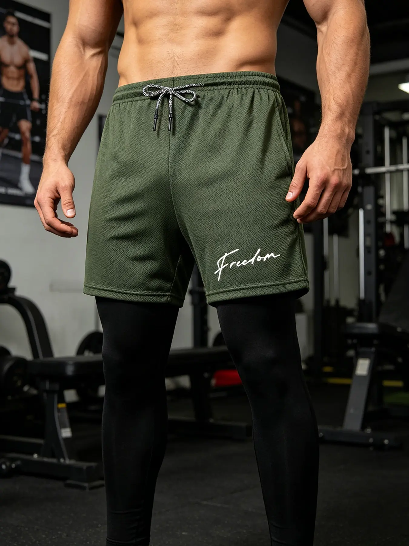 Men's 2 in 1 Running Pants Double Layer Sport Leggings Quick Dry Athletic Workout Trousers for Gym Training Joggers with Pockets with Freedom Print