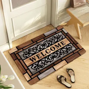 Welcome Mat with Ornate Scrollwork & Bold 'WELCOME' - Decorative Entrance Rug for Home, Kitchen, Bathroom, Bedroom | Indoor Outdoor Non-Slip Floor Mat with Wood & Metallic Tile Design, Perfect for Holiday Decor (Festive Season Entryway Accent)