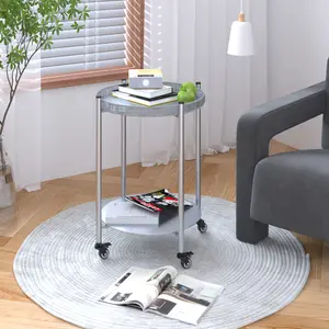 Round Coffee Table with Wheels 2-Tier Movable Side Tables Silver Metal Detachable Bedside Nightstand for Bedroom Living Room End Tables Next To Sofa (Silver Gray)