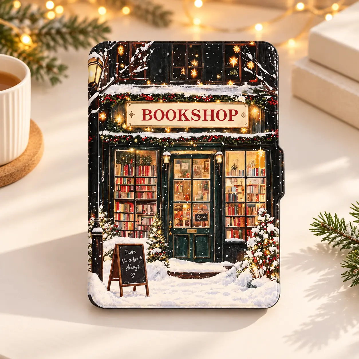 Bookshop Kindle Folio Case - Winter Snow Bookstore Aesthetic, Books Make Hearts Happy Christmas Design, Cute Gift for Book Lover
