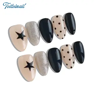 Star Dot Handmade Press-On Nails | Short Almond Shape, 10pcs Handmade | Spring Summer Trending Nude Star & Silver Glitter Polka Dots | Clean Girl Aesthetic & Baddie Nails | High Gloss Mirror Finish | Reusable DIY Manicure Kit, Glossy False Nails