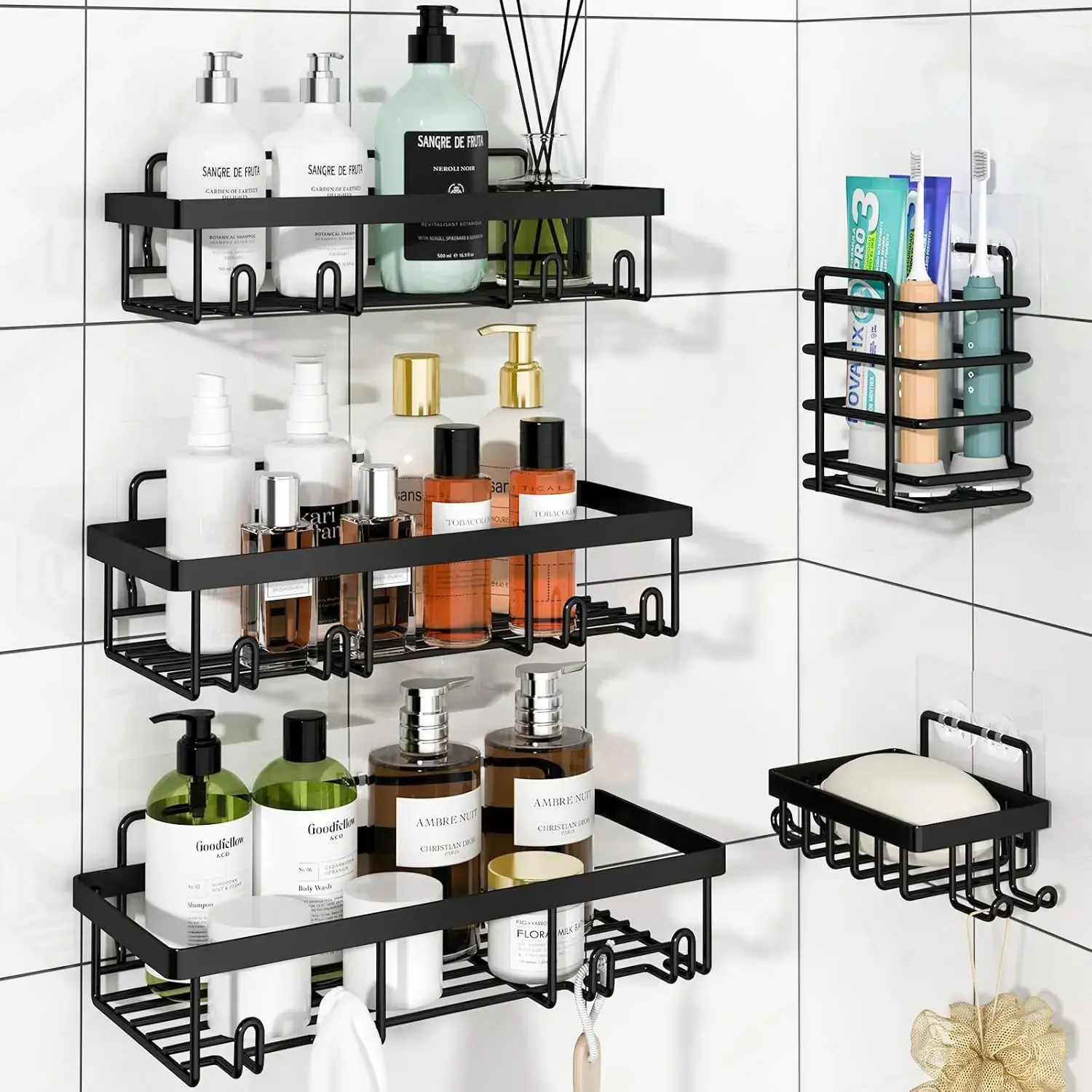 5-Pack Black Adhesive Shower Caddy, Rustproof Stainless Steel No-Drill Organizer with Toothbrush Holder, Soap Dish & Hooks for Dorms and Apartments