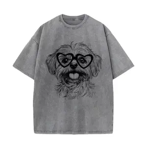 Shih Tzu with Heart Glasses Line Art Graphic – Mineral Washed Oversized 100% Pure Cotton T-Shirt, Unisex Retro Shirt Gift for Shih Tzu & Cute Pet Fans