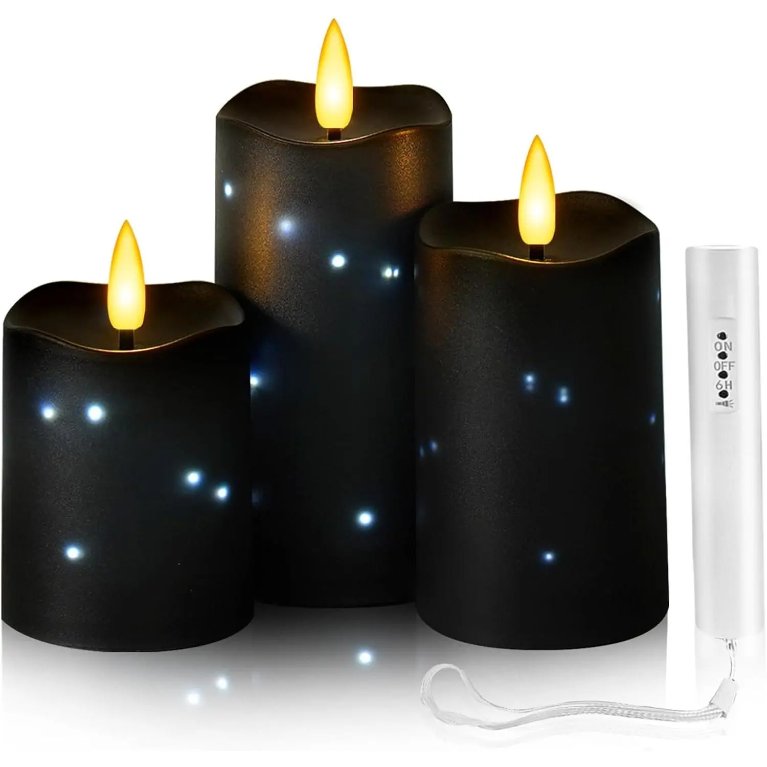 Flameless Candles Embeded Twinkle Starlight,  LED Flameless Candles with Remote, Plastics Realistic Pillar Candles for  Decor, Outdoor Garden, Patio Decor 3 count(Black)