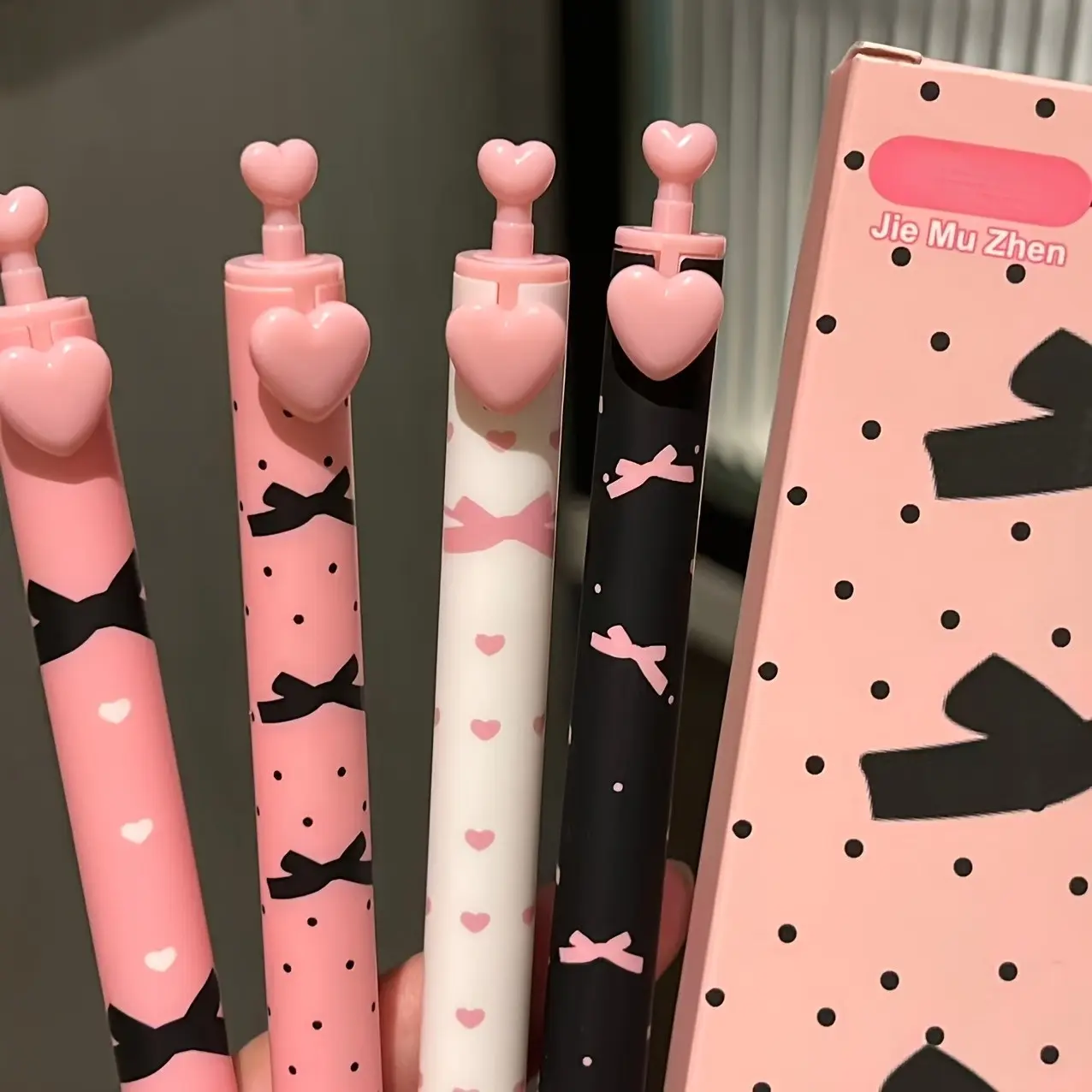4pcs Boxed Pink Bowknot Gel Pens, 0.5mm Fine Tip Pens, quick - dry & smooth writing, cute pink - white - black colors, varied lovely patterns, hot in office & study, Aesthetic Pens