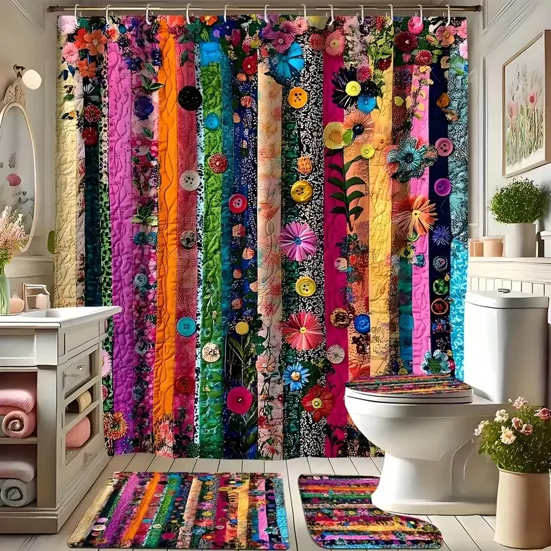 Vibrant Waterproof Floral Patchwork 2D Flat Shower Curtain Set Bundle (1-4 Pieces) - Common Assembly Metal Hooks, Non-Slip Mat, U-Shaped Rug, Toilet Seat Cover, 29.1x17.7in & 71x71in Bathroom Supplies for Decor