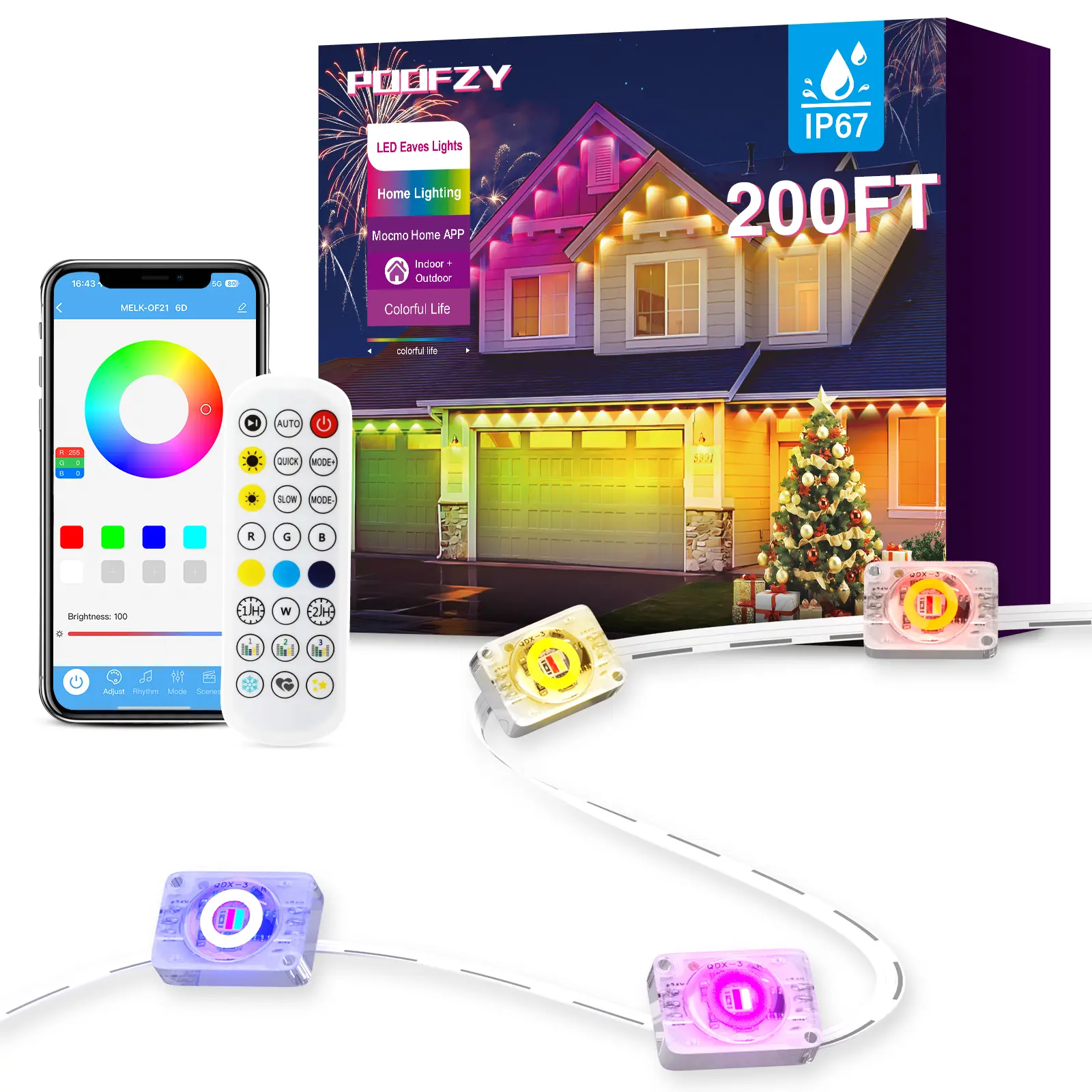 200FT POOFZY RGB IC Permanent Outdoor Lights, Smart Waterproof String Light, App Remote Dual Control for House Yard Christmas Holiday Party Decor