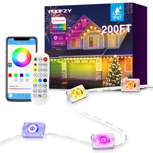 200FT POOFZY RGB IC Permanent Outdoor Lights, Smart Waterproof String Light, App Remote Dual Control for House Yard Christmas Holiday Party Decor