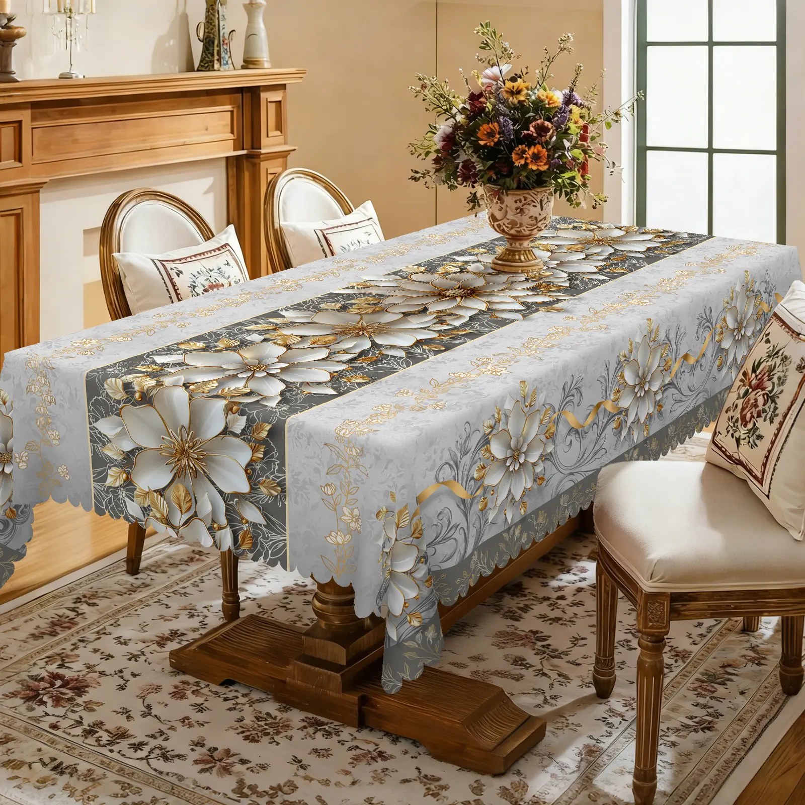 【Back to School】【Moving Season】EIKIONE Fresh Floral Pattern Table Cover Machine Washable Polyester Tablecloth for Family Parties Easy Care Reusable Indoor Outdoor Wrinkle Free Great for Parties Catering Events and Seasonal Displays