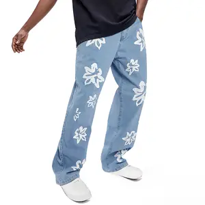 GINGTTO Mens Denim Pants Straight Leg Stretch Printing Street Hip Hop Jeans