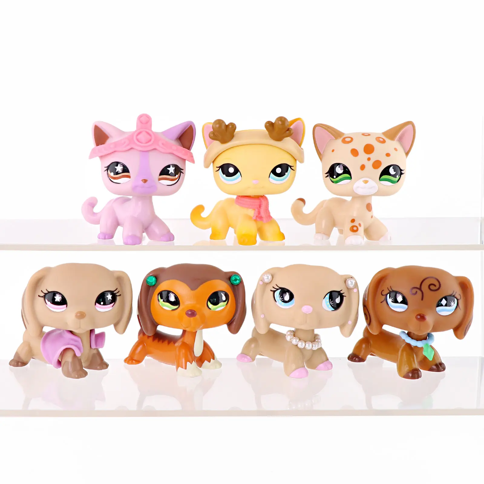 7 PCS Cute Cartoon Pet Mini Figurines, Dress‑Up Cats & Dachshund Puppies with Tiara Antler Scarf Pearl Accessories, Small Collectible Toys for Pretend Play Desktop Decor, Kids Party Favor Gift for Boys Girls Age 3+