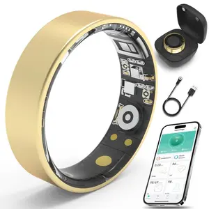 Smart Ring R09 Health Monitor with Multi-Sport Modes Fitness Skin Temperature 5ATM Waterproof Stainless Steel with Charging Case Android Bluetooth Memory Remote Gold