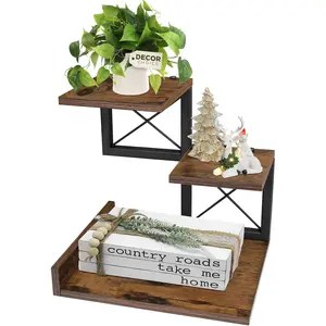 Desk Shelf Organizer Wood Desktop Small Bookshelf 3 Tier Storage Shelf Riser Display Stand for Office Decor Desk Accessories, Rustic Brown Black