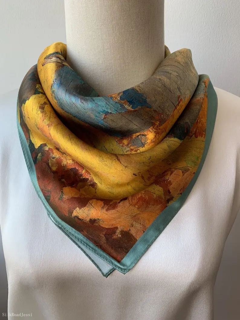 Mulberry Silk Scarf: Autumn Scenery Neckerchief (26" x 26")