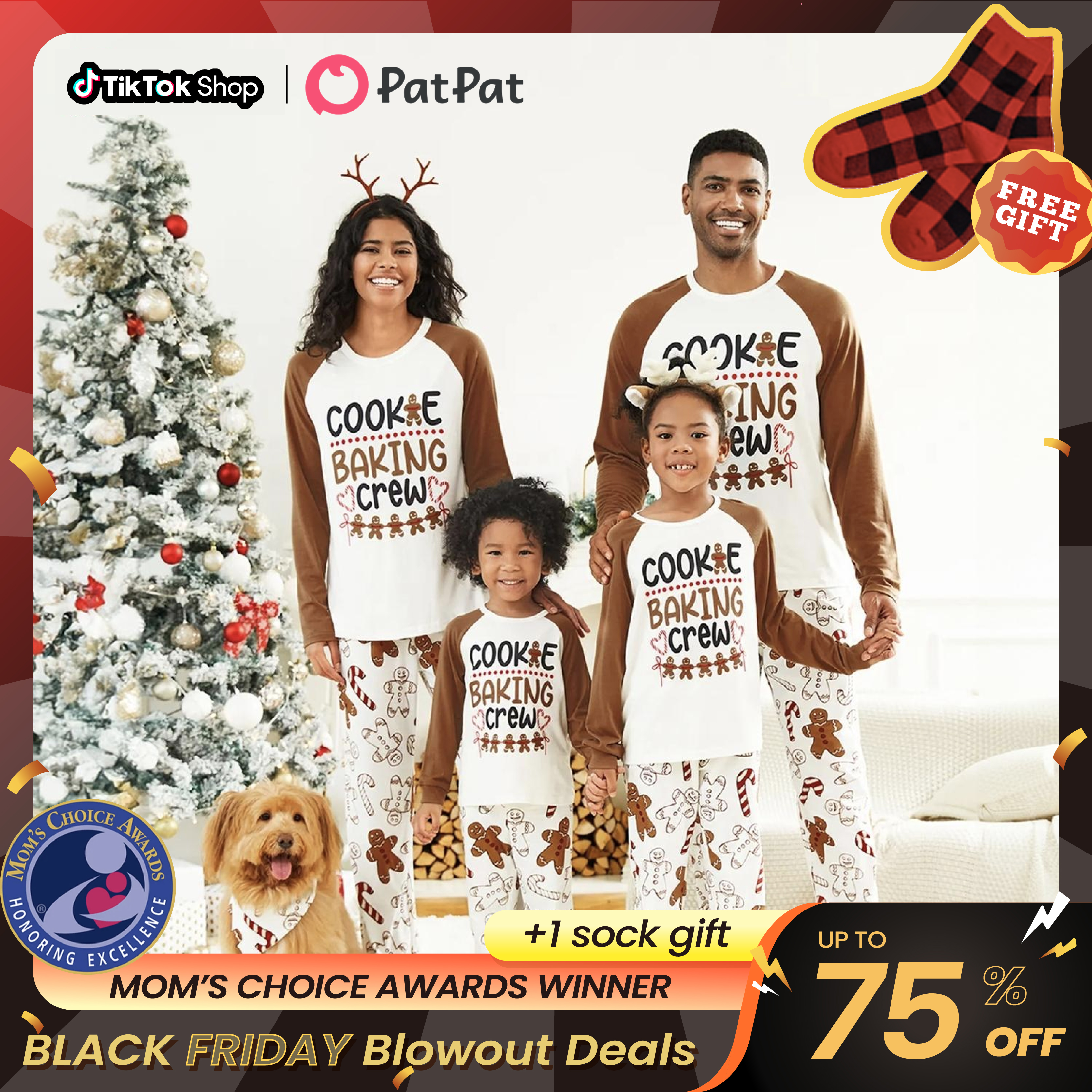 PatPat Christmas Pajamas Soft & Stretchy Family Matching Long Sleeve Sets Cookie Baking Crew Patterned Sleepwear for Women Men Couples Adult Kids,Cut