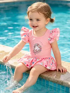 Girl Unicorn Print Fly Sleeve Swimsuit, Summer Beachwear, Comfortable Fashion Design, Perfect Gift Choice for Girls