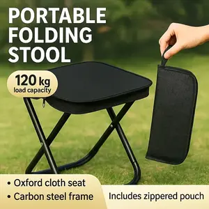 Portable Folding Pencil Stool, Small Lightweight Foldable Seat for Outdoor Picnic Camping Fishing, Durable Iron Frame, Essential Camp Accessories