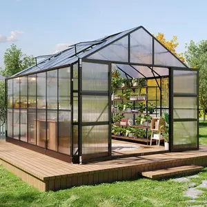 [Ships in Multiple Boxes] VanAcc Heavy Duty Aluminum Greenhouse with 4 Roof Vents & Rain Gutter, Suitable for Plant Cultivation, Polycarbonate Greenhouse for Outdoor, Garden Backyard, Black