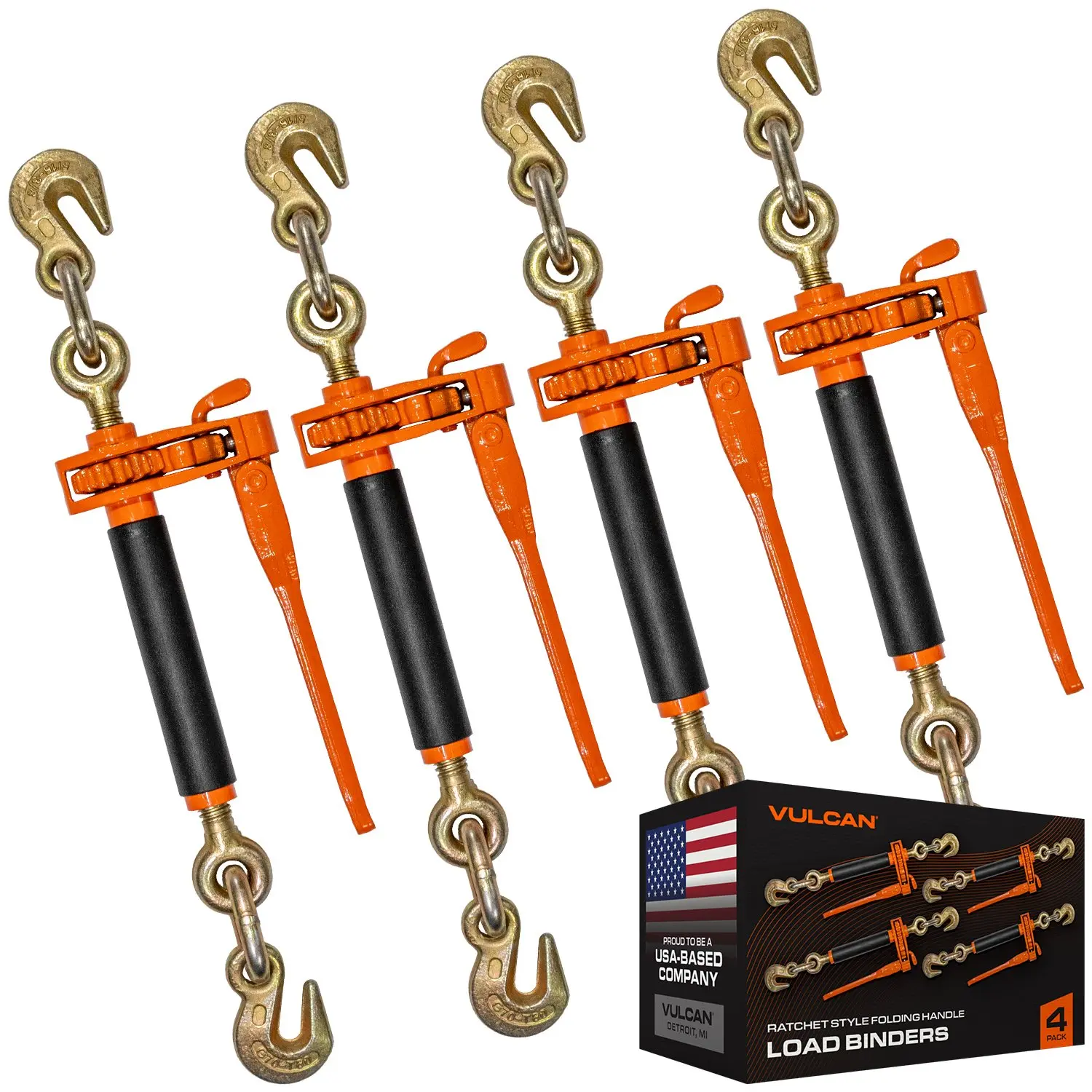 Vulcan Folding Handle Ratchet Binder 7100 SWL - 4Pack Hook Load Cargo Trailer Straps Adjustable Ropes Heavy Duty