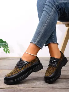 Leopard Print Patchwork Women's Shoes, Lace-Up Thick Sole Casual Loafers, Versatile Office & Leisure Footwear, Stylish Comfortable Design