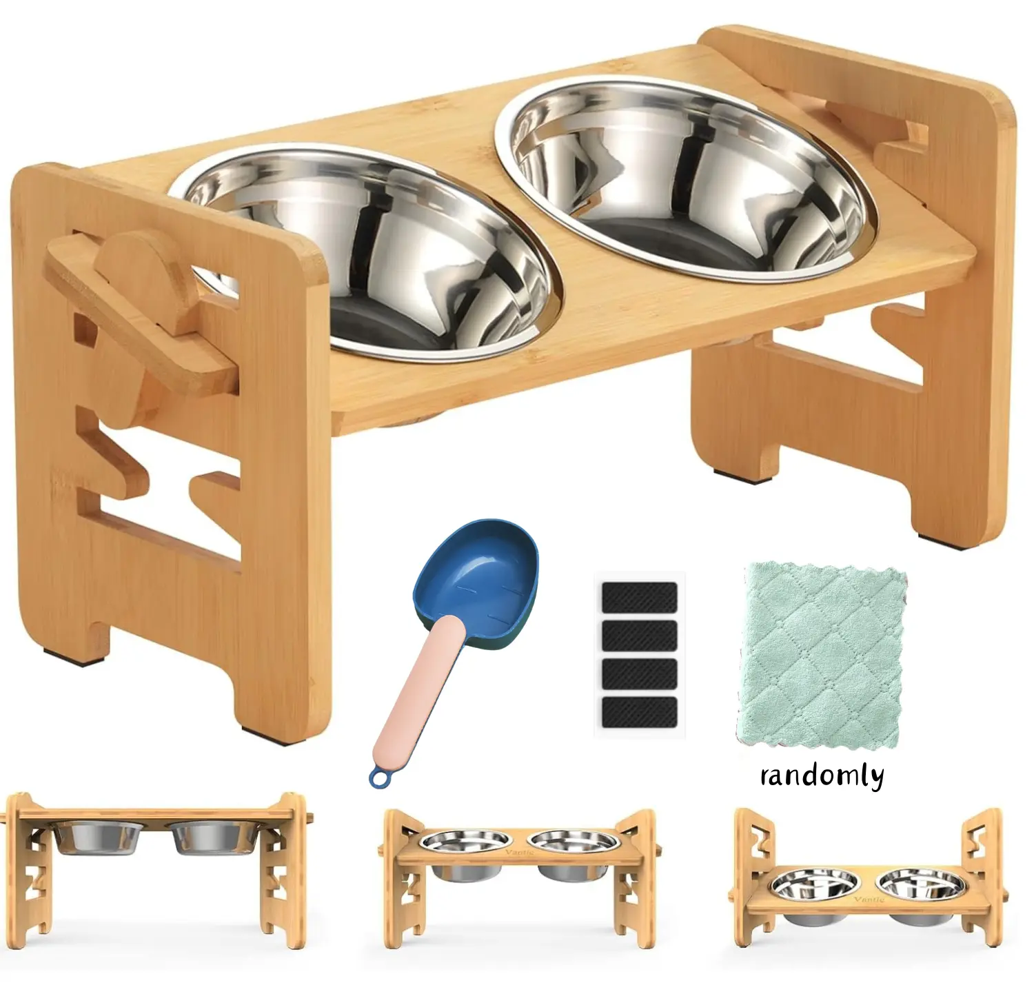 1 piece of elevated pet food bowl, adjustable lifting dog bowl holder, equipped with 2 stainless steel food bowls, 1 food spoon, 1 random cleaning cloth, 4 anti slip foot pads, suitable for small dogs and cats