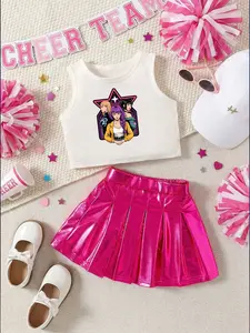 Girls Summer Casual Dance Team, Star Print Crop Top & Pleated Skirt Set, Sleeveless Vest, Multiple Colors Available, Bratz Skirt Outfit
