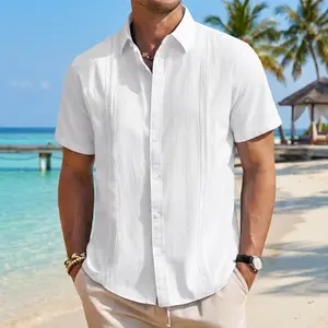 Men's Casual Linen Short Sleeve Button Down Shirt - Lightweight Breathable Guayabera Cuban Style Solid Color Summer Beach Tops Perfect for Vacation Travel Outdoor Leisure Wear Comfortable Fashion Clothing