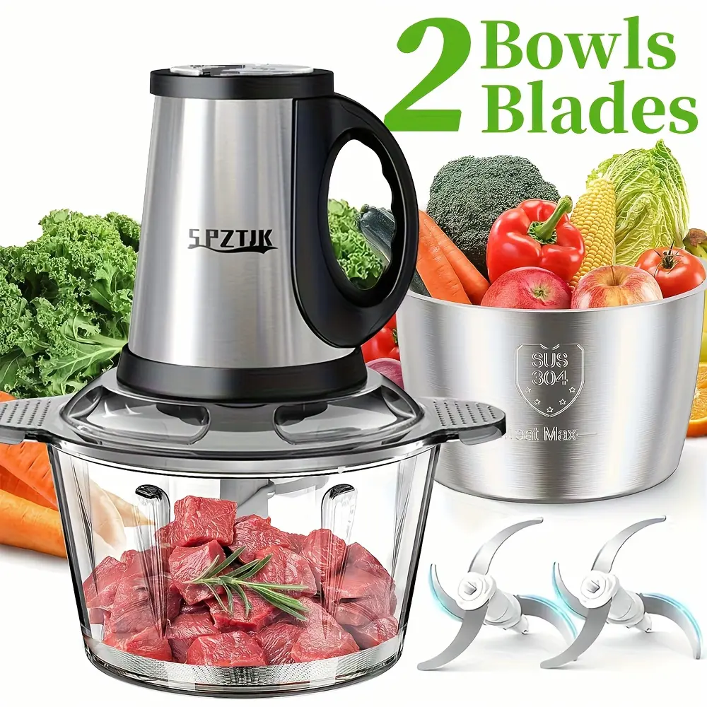 Electric Food Chopper Featuring Two Bowls And Dual-Level Blades, Suitable for Grinding Meats, Preparing Salads, Chopping Nuts, And More. Ideal for Home And Kitchen Use