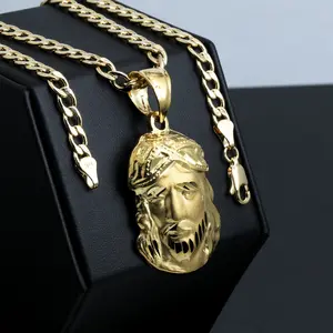 Brass Gold Plated 3D Jesus Head Portrait Religious Pendant Charm & 6mm 20" 24" Cuban Chain Necklace 14K Stamped on the Lock, High Quality Polished