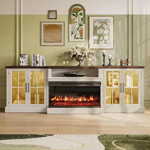 【Ships in 3 Packages】98" Farmhouse TV Stand with 36" Fireplace for TVs up to 100", Media Entertainment Center with Adjustable Shelves and Large Storage Cabinets, for Living Room, Black & Black