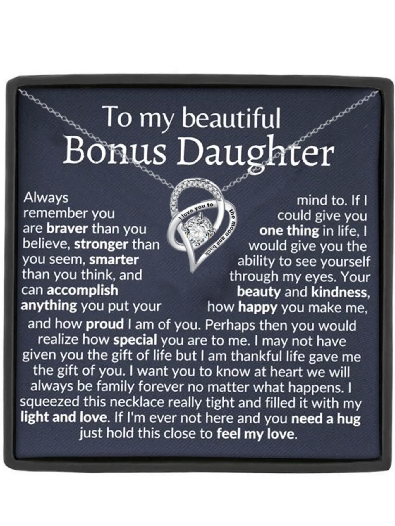 Mother's Day Gift Stepdaughter Gift Heart Design Necklace for Daughter with Box Packaging and Card, Bonus Daughter Birthday Present, Christmas Gift, I love you to the moon and back