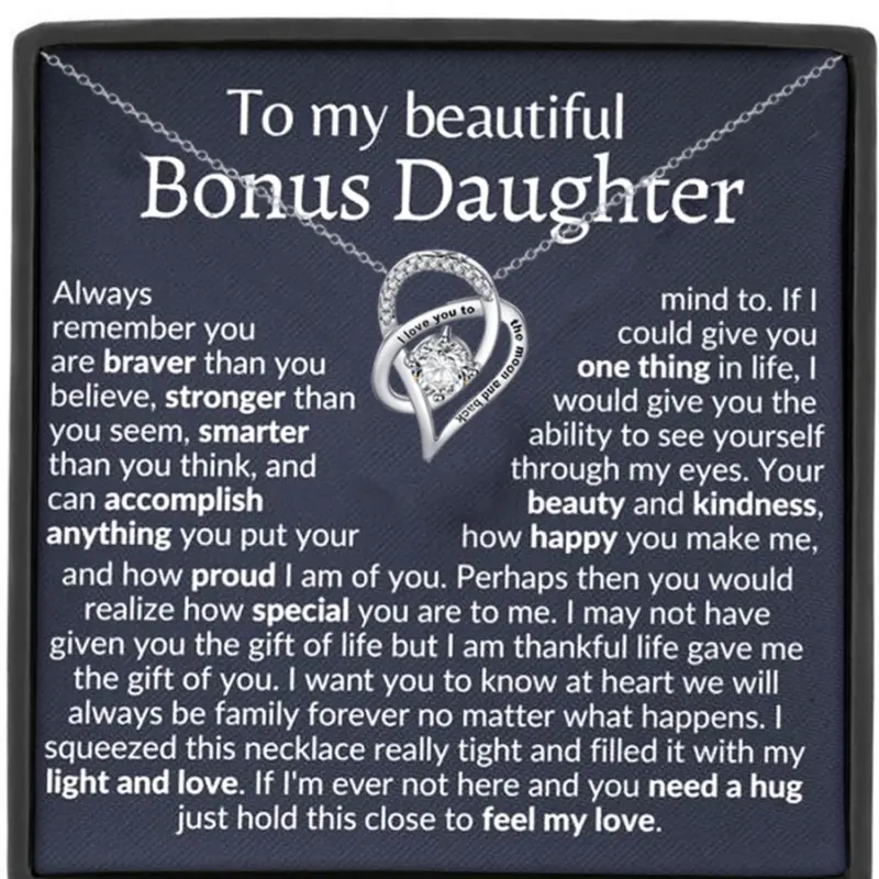Mother's Day Gift Stepdaughter Gift Heart Design Necklace for Daughter with Box Packaging and Card, Bonus Daughter Birthday Present, Christmas Gift, I love you to the moon and back