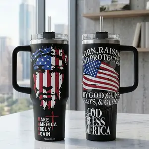 Patriotic American Flag Jesus 40oz Insulated Tumbler with Handle, God Bless America Travel Mug 20oz No Handle, Make America Godly Again Double Printed Vacuum Flask, Christian Heritage Gift, Heavy Duty Stainless Steel Cup with Straw