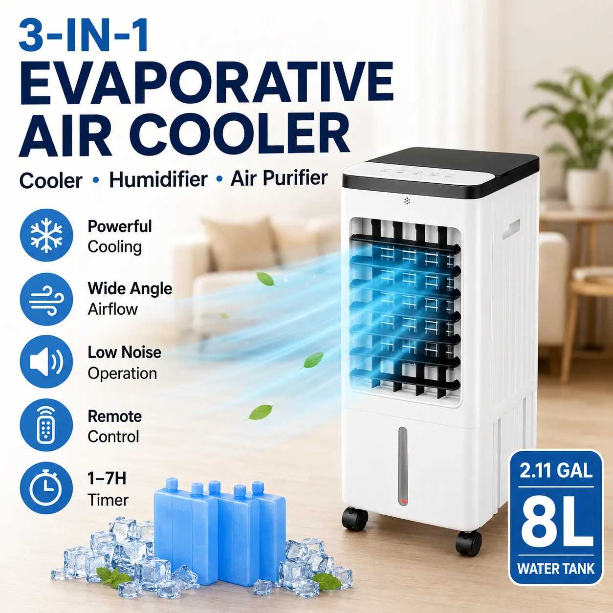 TAZTIR 3 in 1 Portable Evaporative Air Cooler fan, 3 Speed Cooling Fan with Swing, 2.11 Gal Water Tank, 4 Ice Boxes, Timer, Remote Control, Humidifying Air Cooler on Wheels cooling Fan For Home Office Bedroom