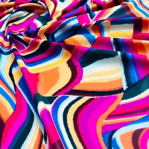 Abstract Multicolor Stripes Print Nylon Spandex Swimwear Fabric 4 Way Stretch By Yard
