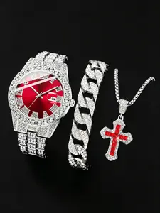 3pcs Men's Watch Set, Dial Full Diamond Watch Trio, Hip Hop Style Rhinestone Cuban Chain & Cross Necklace Set, Trendy Accessories, Matching Jewelry Set