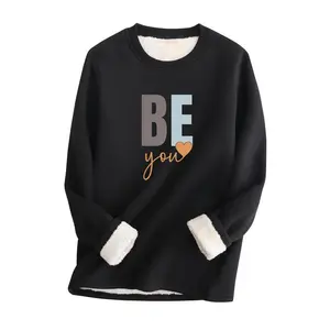 Women's Heart & Letter Print Thermal Lined Sweatshirt, Regular Fit Casual Long Sleeve Round Neck Pullover for Fall & Winter, Women's Clothes for Daily Wear