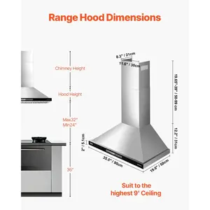 VEVOR Wall Mount Range Hood, 36 inch Chimney-Style Ceiling Mount Vent, 800 CFM Stainless Steel Kitchen Stove Hood with Gesture Touch Control, LED Light, Baffle Filters, Ducted/Ductless Convertible