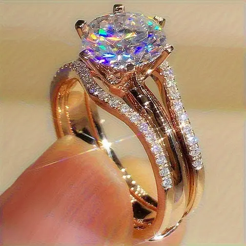 Sparkling Exquisite Artificial Diamond Embellished Golden Multi-Part Design Bridal Ring - Engagement, Promise, Formal Ring for Weddings, Valentine's Day Love Gifts, Engagement Rings, Promise Rings