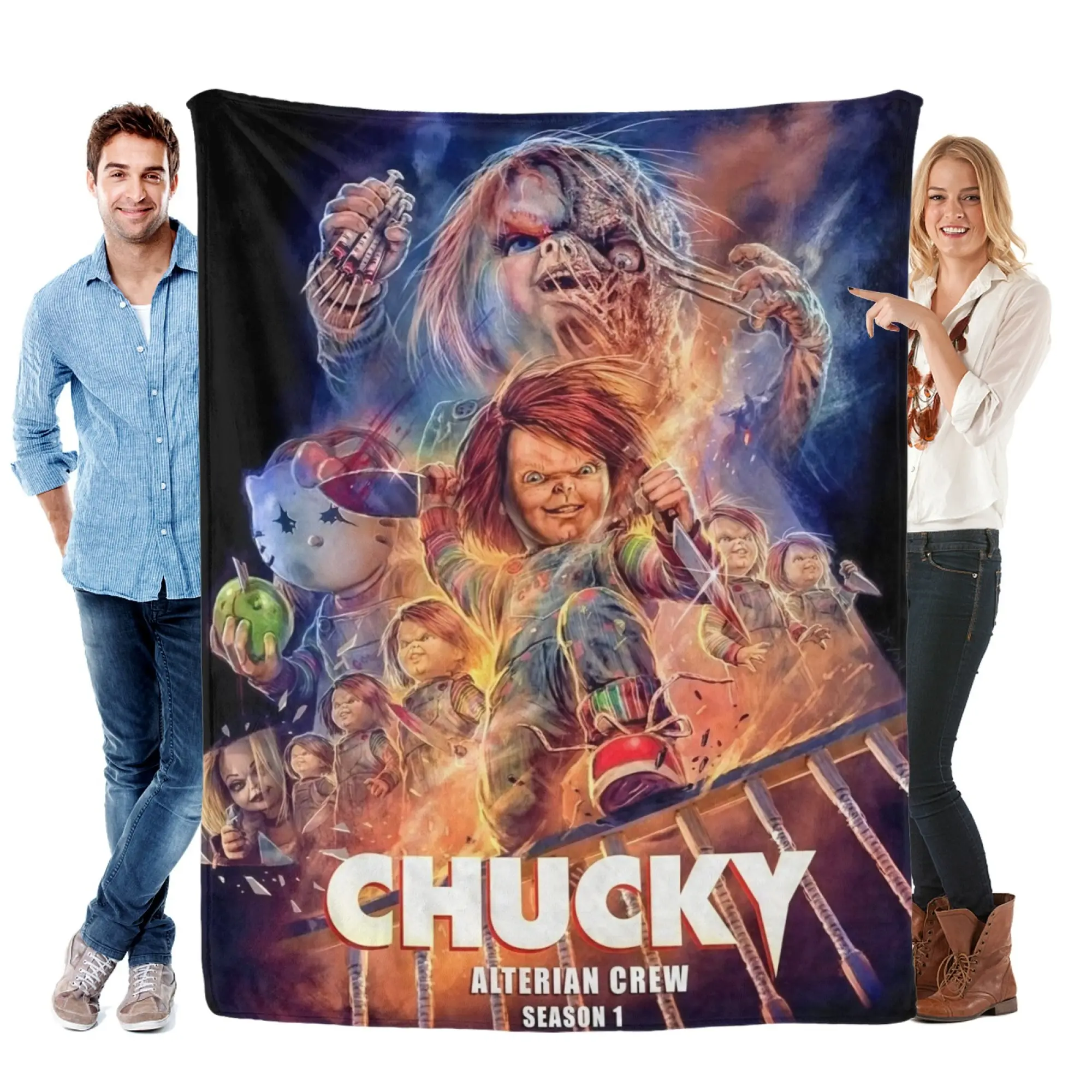 Chucky Horror Movie Collage Flannel Throw Blanket, Classic Evil Doll Season 1 Poster HD Print Soft Warm All Seaso Halloween Holiday Gift for Chucky Fans & Horror Movie Loversn Cozy Bedding for Sofa Bedroom Dorm Travel, Gothic Horror Room Decor