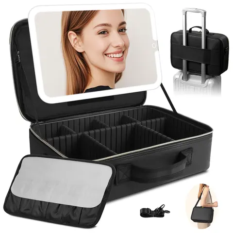 PU Leather Professional Makeup Train Case with HD Dimmable Mirror, 15''x11''x5'' Waterproof Makeup Organizer with EVA Dividers & Durable Shoulder Strap, Removable LED Mirror, Storage Organization for Travel Artists, Luggage-Compatible Multifunctional Case