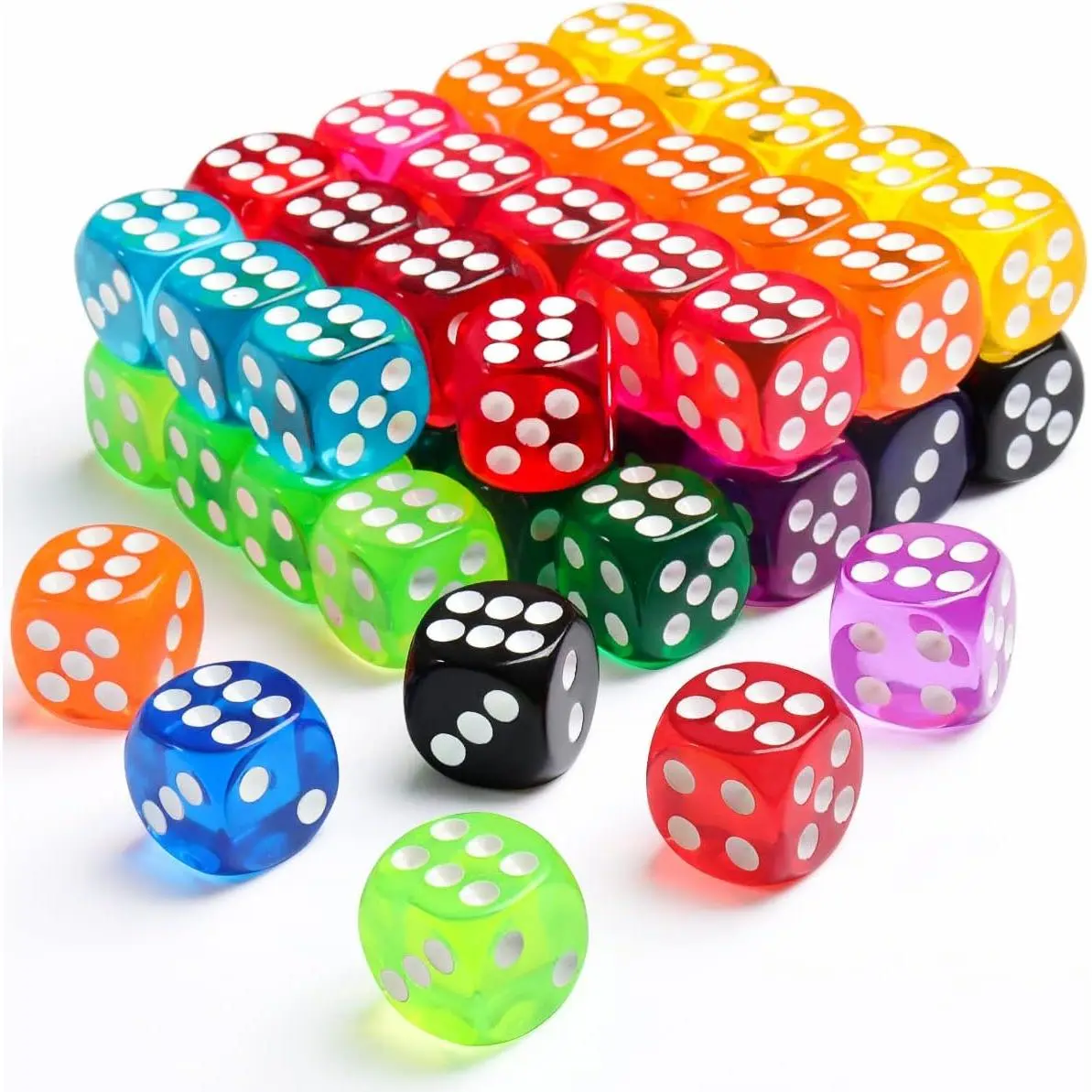 P-OGP027 Acrylic 50-Piece 14mm 6-Sided Colored Rounded-Edge Dice Set, Durable Game Parts for Family Game Night, Math Learning