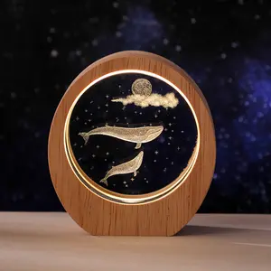 3D Laser-Engraved Planet Night Light — Luminous Crystal Desktop Ornament with Wooden Base — Birthday Gift / Student Gift